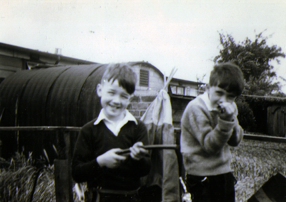 me & phillip ramsay in the back garden of my Prefab at 198 Underhill road